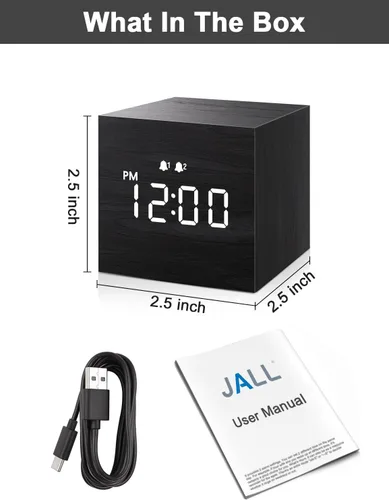 Miniatura 7 de JALL Reloj Despertador Digital, con Pantalla de Tiempo LED Electrónica de Madera, Alarma Dual, Relojes Eléctricos Pequeños Mini Cúbicos de Madera