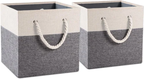 Miniatura 10 de PRANDOM Contenedores plegables grandes de almacenamiento de 11 x 11 pulgadas [paquete de 4] cestas de almacenamiento de tela de lino, cubos con asas