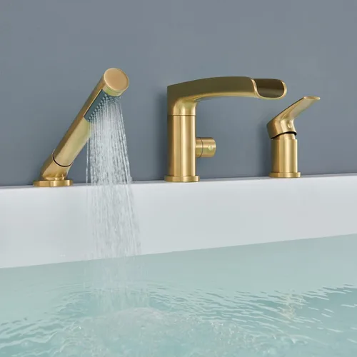 Miniatura 6 de Wowkk Grifo de Bañera de Cascada Romano Montaje en Cubierta Grifo de Bañera de Níquel Cepillado Relleno de Bañera de Latón Grifos de Bañera con Oro