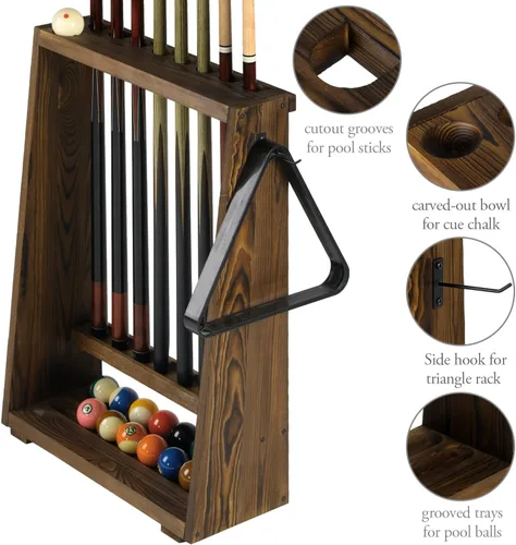 Miniatura 4 de MyGift Estante de almacenamiento de billar independiente, soporte de madera maciza vintage para taco de piscina, almacenamiento de bolas, gancho