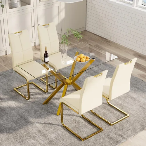 Miniatura 3 de Mesa de comedor de 5 piezas de 47 pulgadas con 4 sillas de piel sintética, juego de mesa de comedor moderno para 4, mesa de cocina rectangular