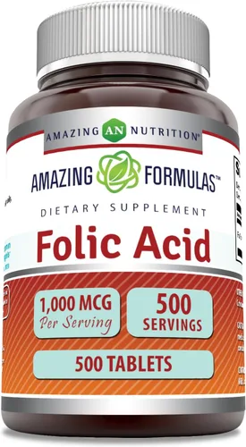 Amazing Formulas Suplemento de ácido fólico de 1000 Mcg (1 mg) en tabletas, vitamina B9, sin OMG, sin gluten, fabricado en Estados Unidos (500