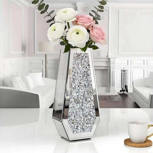 Miniatura 2 de ALLARTONLY Jarrón de Flores Jarrón Espejado de Diamante Triturado Cristal Plateado Vidrio Jarrón Espejo Decorativo Tamaño Grande Lujo