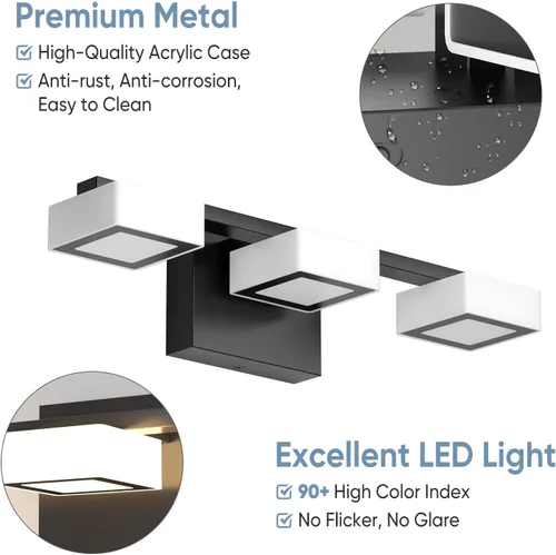 Miniatura 4 de Luminarias LED Modernas de Baño Sobre Espejo, 3 Luces de Tocador Regulables, Luz de Tocador de Baño Acrílica Negro Mate, 2700K-6500K Ajustable
