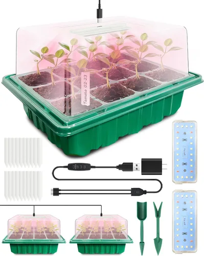 Miniatura 9 de Bandeja de inicio de semillas con luz de crecimiento (4 x 24 LED), paquete de 4 kits de inicio de semillas de 48 celdas con cúpulas de humedad