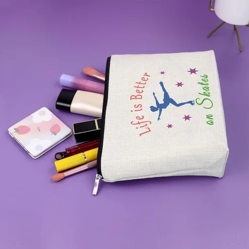 Miniatura 5 de Regalos de patinadora para mujeres, regalos de patinadora sobre hielo para niñas, bolsa de maquillaje y cosméticos, 3 piezas beige