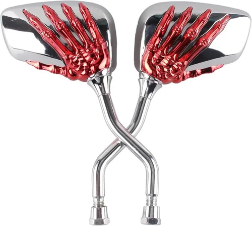 Par de espejos retrovisores distintivos con diseño de mano de esqueleto, 8 mm y 10 mm, para motocicleta, scooter, ciclomotor, bicicleta estándar Rojo