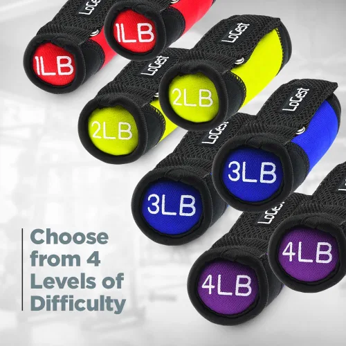 Miniatura 6 de Logest Pesas Suaves para Manos - Mancuernas de Neopreno Ajustables (1 libra, 2 libras, 3 libras, 4 libras) - Rojo, Amarillo, Azul, Morado - Correas