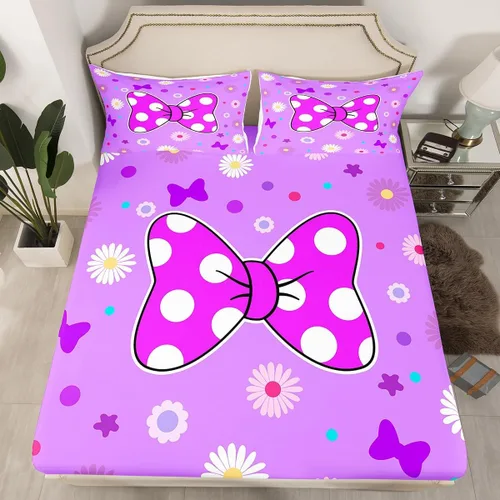 Miniatura 50 de Sábana bajera con lazo azul tamaño individual, juego de ropa de cama de princesa con cerezas, estrellas y flores margaritas de dibujos animados