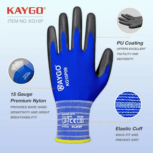 Miniatura 2 de KAYGO KG15P - Guantes de trabajo con revestimiento de poliuretano, nailon Lite, para la seguridad, revestimiento de poliuretano gris, muñeca de Azul