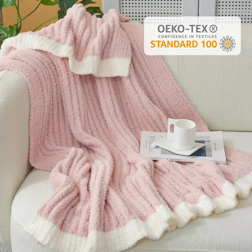Miniatura 5 de Snuggle Sac Manta de Punto Rosa para Sofá, Mantas Suaves y Acogedoras con Ribete Esponjoso para Mujeres, Mantas de Microfibra Cálidas y Lindas