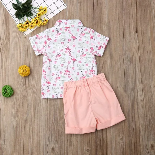 Miniatura 93 de Conjunto de camisa de manga corta con botones y pantalones cortos casuales con diseño de flamingo, para bebés y niños de 1 a 6 años, atuendos