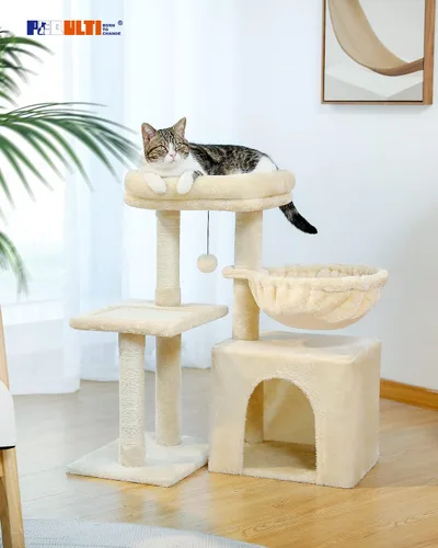 Miniatura 8 de PEQULTI Pequeño Árbol para Gatos, [72.4 cm] Torre para Gatos de Interior, Árbol de Actividad de 2 Estilos con Postes para Rascar, Gran Hamaca y Beige