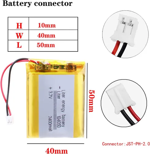 Miniatura 2 de Liter 3.7V 2400mAh 104050 Lipo Batería recargable de iones de polímero de litio con conector JST 0.079 in