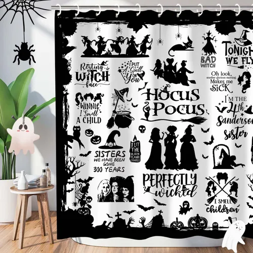 Metawu Cortina de ducha de Halloween, juego de cortinas de ducha de bruja, murciélago y telaraña, cortina de baño impermeable para tinas de 72 x 72