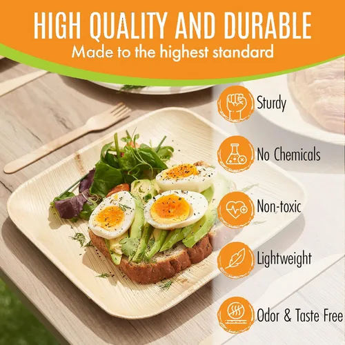 Miniatura 4 de Raj Eco Platos compostables de hoja de palma como platos de bambú desechables – 8 pulgadas cuadrados 50 platos de fiesta, de madera natural