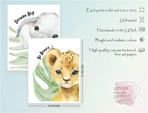 Miniatura 3 de Láminas de arte de pared de animales de safari para bebés - Decoración de guardería - Juego de 6-8x10 - Imágenes de habitación de guardería