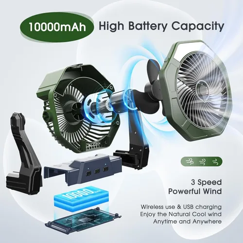 Miniatura 4 de Ausic Ventilador solar de 10 W con nebulizador, ventilador de campamento con panel solar, ventiladores portátiles para exteriores, ventiladores