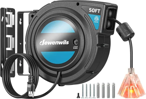 Miniatura 10 de DEWENWILS Carrete de cable de extensión retráctil, cable de alimentación resistente de 50 pies, 14AWG/3C SJTOW, 3 tomas de tierra con triple llave