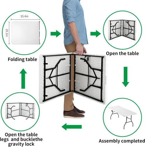 Miniatura 4 de Mesa plegable portátil de plástico de 6 pies y 71 pulgadas, parte superior resistente con asa de transporte, interior y exterior, patio, camping