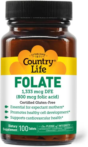 Country Life Folato 800 mcg (ácido fólico), apoya el desarrollo celular saludable y la salud cardíaca, apoyo prenatal para mujeres, 100 tabletas,