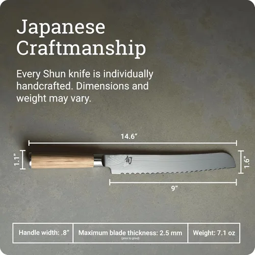 Miniatura 5 de Cuchillo de Pan Clásico Shun Blonde de 9", Cuchillo Serrado Japonés Hecho a Mano, Núcleo VG-MAX con Revestimiento de Acero Inoxidable Damasco, Mango