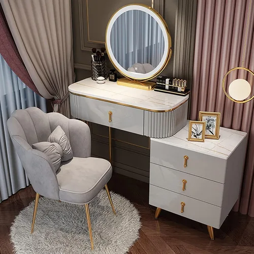 Miniatura 9 de Juego de tocador grande con luces LED, mesa de tocador de maquillaje con gabinete ajustable y taburete acolchado, 3 modos de iluminación, tocador