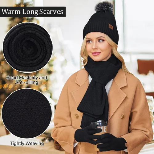 Miniatura 4 de Conjunto de gorro de punto cálido para mujer, bufanda larga, guantes para pantalla táctil, con forro polar, gorro de calavera con pompones, regalos