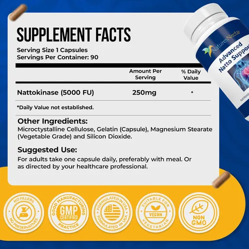 Miniatura 2 de Nature's Nectar Suplemento orgánico de nattoquinasa de 250 mg - Nattoquinasa de doble fuerza 5000 fu Anticoagulante natural que apoya la salud