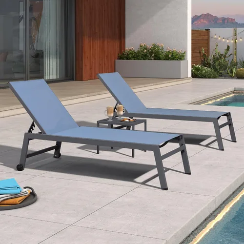 Miniatura 52 de PURPLE LEAF Juego de tumbonas para exteriores para 2 sillas de piscina de gran tamaño con ruedas fáciles de mover y respaldo ajustable, tumbonas