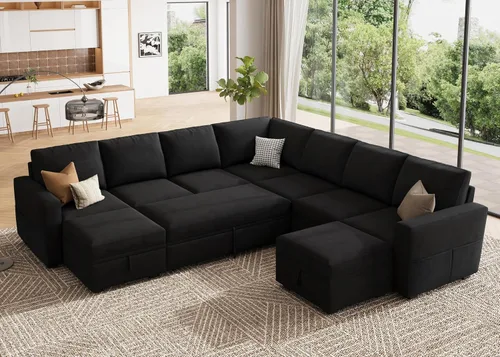 Miniatura 24 de HONBAY Sofá seccional modular con cama extraíble, sofá cama con forma de U extraíble con secciones de almacenamiento para sala de estar - Beige