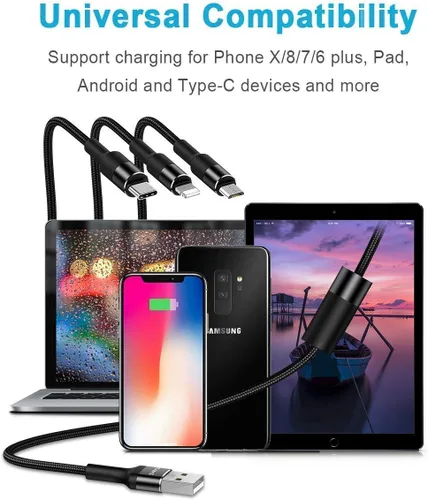 Miniatura 7 de USAMS Paquete de 2 cables de carga múltiple, cable de carga múltiple USB trenzado de nailon 3 en 1 de 5 pies, cable de carga rápida compatible
