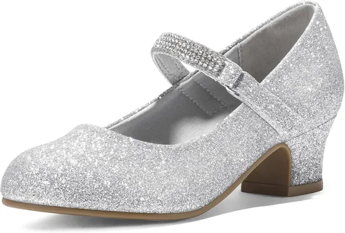 K KomForme Zapatos Mary Jane para niña con tacón bajo con diamantes de imitación de princesa, zapatos planos de vestir para niños pequeños y niños