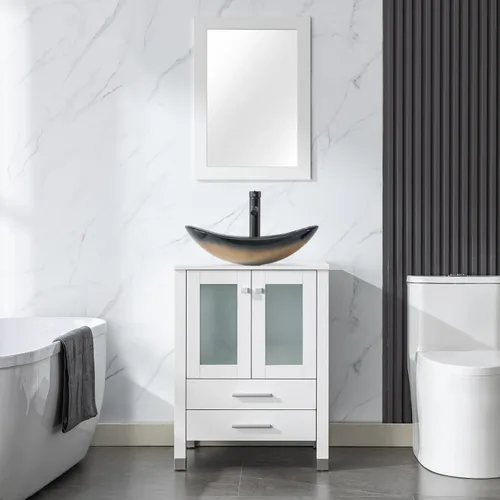 Miniatura 23 de LUCKWIND Combinación de tocador de baño de 24 pulgadas con lavabo, serie elegante con marco pintado, armario de almacenamiento de baño de dos