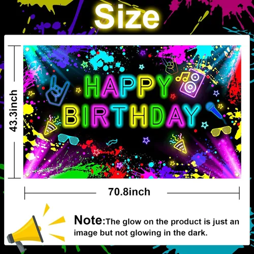 Miniatura 3 de Cartel de cumpleaños neón de 6 x 3.6 pies que brilla en la oscuridad, decoraciones de neón para fiesta de cumpleaños, fondo de fotografía