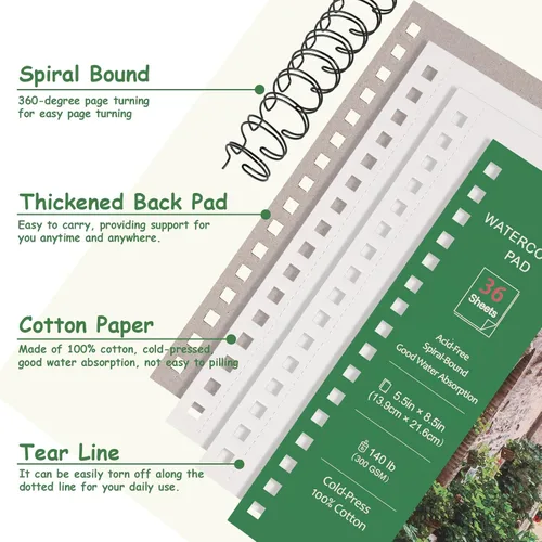Miniatura 4 de Prudiut 36 hojas de papel de acuarela de 5.5 x 8.5 pulgadas, 140 lb/300 GSM, papel de acuarela de color de agua de prensa en frío, cuaderno