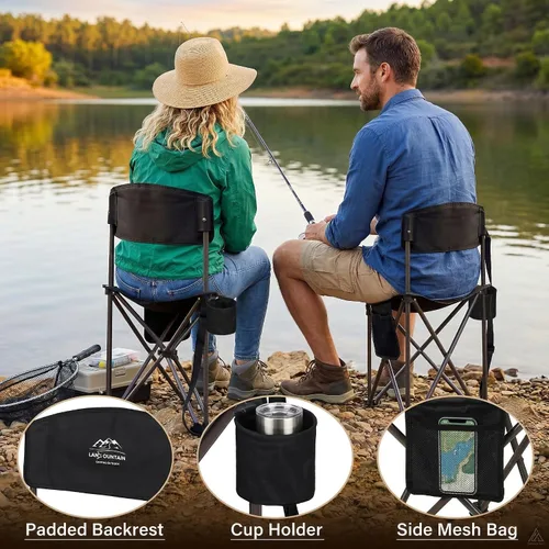 Miniatura 5 de Paquete de 2 taburetes plegables para acampar con respaldo y soporte para tazas, sillas ligeras y portátiles para exteriores, para adultos, asiento