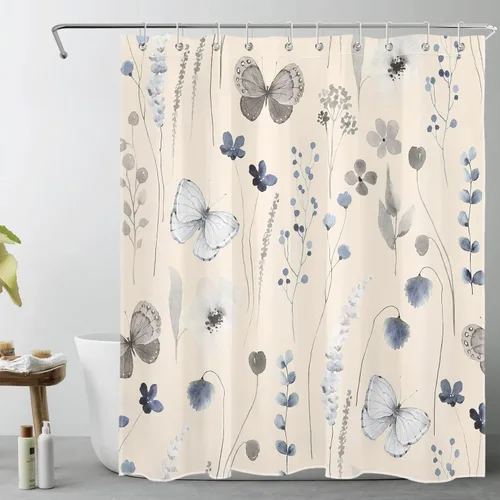LB Cortina de ducha vintage de mariposa para baño, cortina de ducha de flores silvestres y hojas de eucalipto en acuarela sobre tela beige con