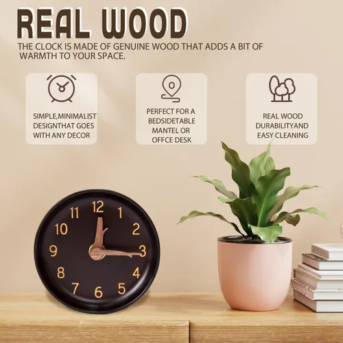 Miniatura 5 de Reloj de escritorio analógico de madera, pequeño, redondo, de cuarzo, funciona con pilas, sin tictac, silencioso, para oficina, sala de estar, 4