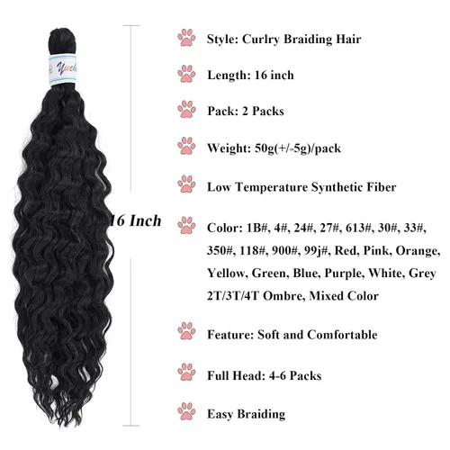 Miniatura 2 de Cabello para trenzar rizado ondulado negro 1B preestirado de onda oceánica profunda de ganchillo bohemio para trenzar de 16 pulgadas, 2 paquetes