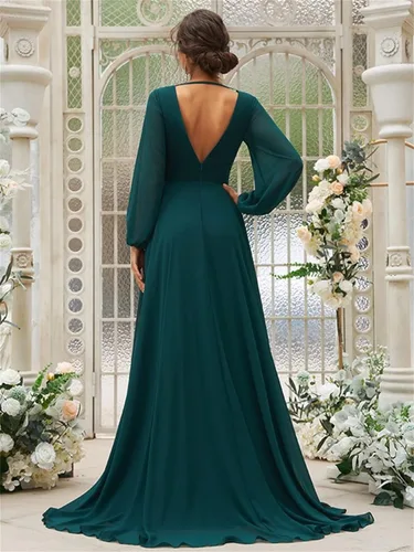 Miniatura 4 de PINMJEE Vestidos de dama de honor de gasa con cuello en V y manga larga para mujer