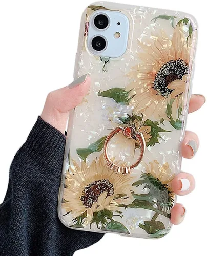 Miniatura 10 de Qokey Funda compatible con iPhone 11 de 6.1 pulgadas, diseño floral transparente para mujer con soporte de anillo giratorio de 360 grados, funda