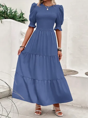 Miniatura 100 de BTFBM Vestidos para mujer, cuello redondo, casual, de verano, con volantes, manga corta, bohemio, con niveles, fruncido, largo, con estampado floral