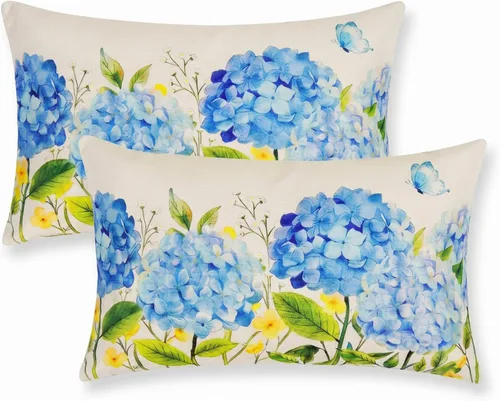 Blue Hydrangea Floral Decor Outdoor Lumbar Pillow Covers Waterproof 12x20 Inch Set of 2, Summer Hydrangea Flower Decorative Pillows for Porch Couch