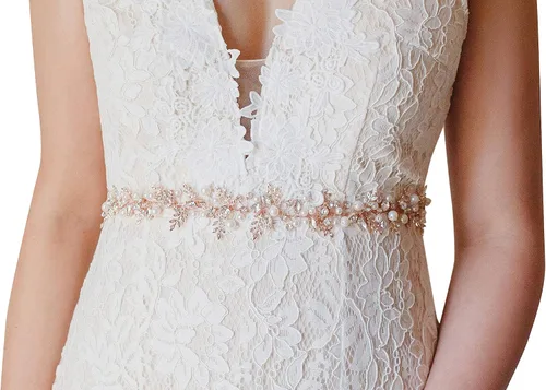 SWEETV Cinturón nupcial de oro rosa con diamantes de imitación Cinturón de vestido de novia hecho a mano Hoja con cuentas Faja de, Oro Rosa