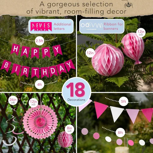 Miniatura 5 de Decoraciones de feliz cumpleaños reutilizables de alta calidad para mujeres y niñas, decoraciones de fiesta rosa, pancarta para múltiples ocasiones