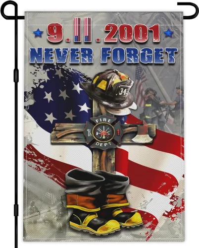 Miniatura 8 de Bandera de jardín 911 Never Forget de 12 x 18 pulgadas con texto en inglés "American We Remember 9/11", bandera de jardín del Día del Patriota
