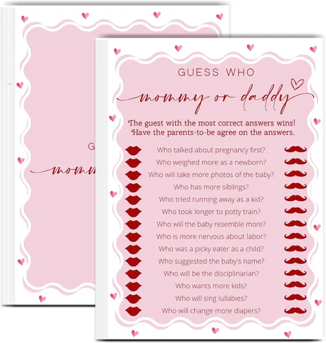Miniatura 13 de Tarjetas de juego de peleas familiares para baby shower con tarjeta de respuesta, juegos de baby shower rosa para 30 invitados, tarjetas