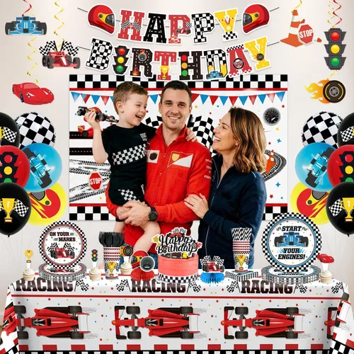 Miniatura 7 de Juego todo en uno de 195 piezas de decoración de fiesta de cumpleaños de coche de carreras, juego de platos y servilletas con pancarta, telón