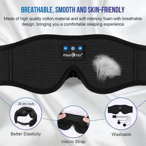 Miniatura 3 de MUSICOZY - Auriculares para dormir 3D Bluetooth 5.4, máscara de ojos transpirable inalámbrica, auriculares para dormir con diadema para personas que
